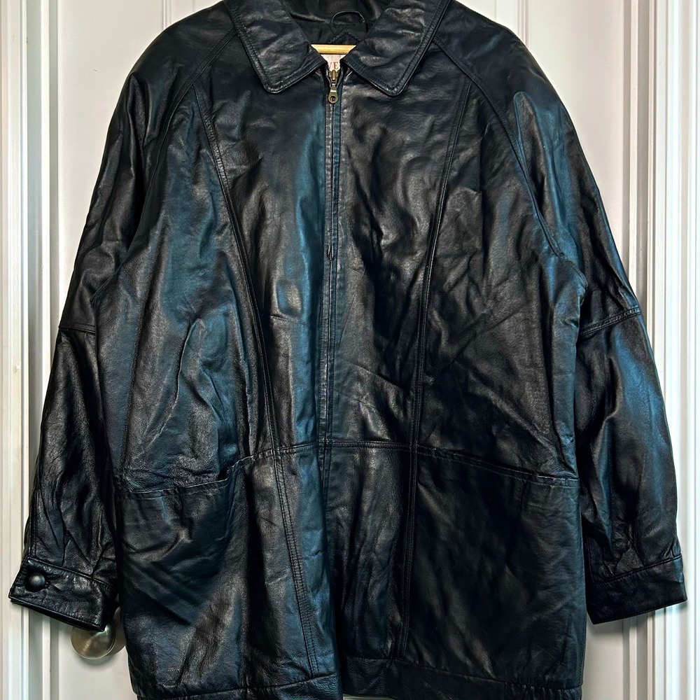 Venezia Vintage Y2K Genuine Leather Black Full Zip Collared Mid Length Jacket